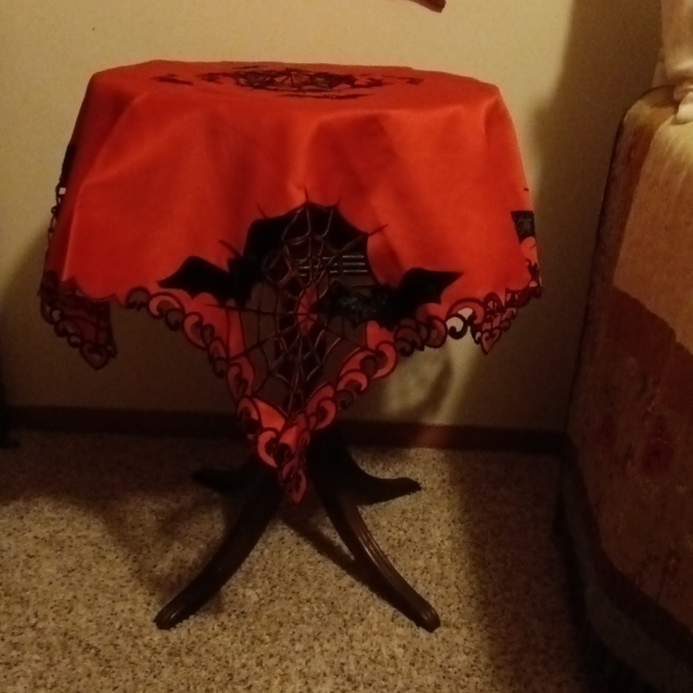 Orange and Black Spider Web Halloween Tablecloth 32x32 - Picture 2 of 7